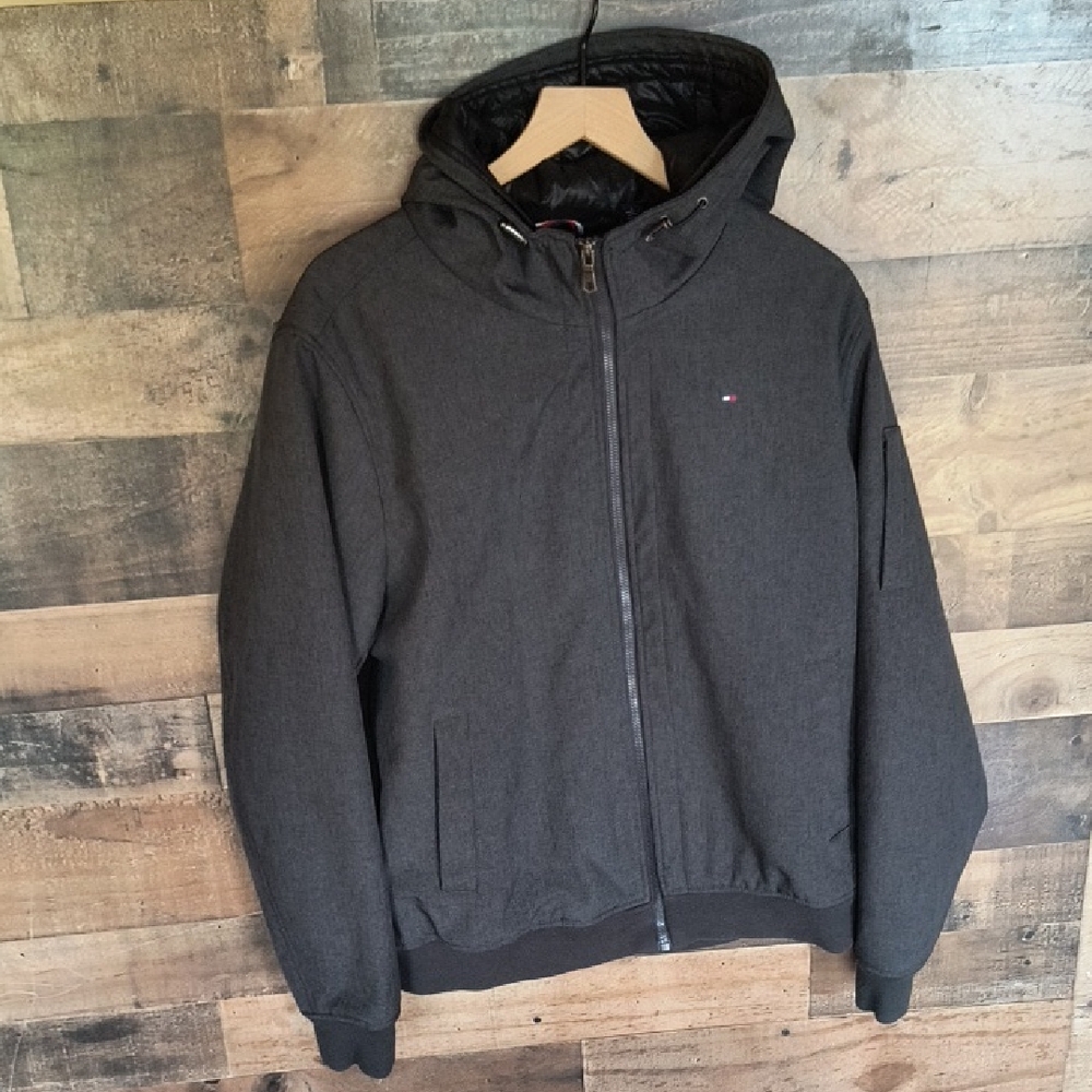 Tommy Hilfiger Gray Softshell Bomber Double Zipper Jacket Sz Large Men